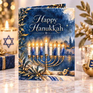 Cartes Pour Fêtes Annuelles Joyeux Hanukkah Ménorah Bleue et Or Aquarelle