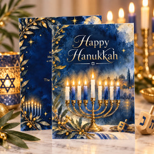 Cartes Pour Fêtes Annuelles Joyeux Hanukkah Ménorah Bleue et Or Aquarelle