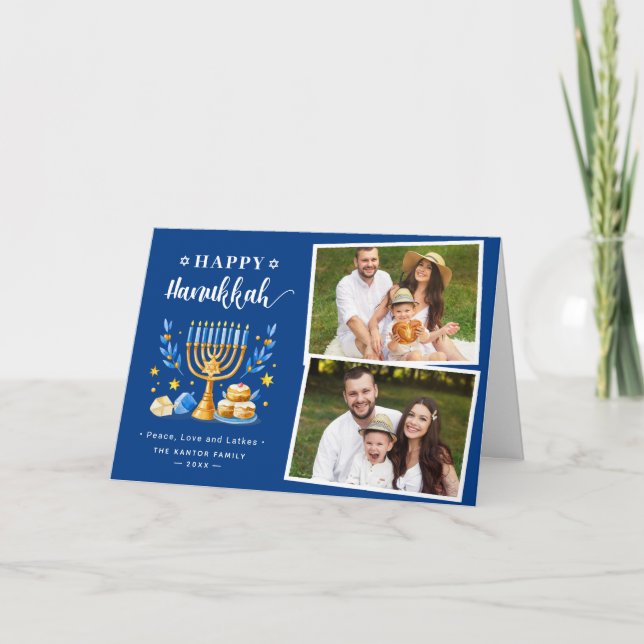 Cartes Pour Fêtes Annuelles Joyeux Hanukkah Paix Amour Latkes Bleu 2 Photo (Devant)