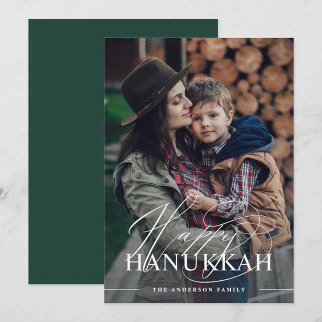 Cartes Pour Fêtes Annuelles Joyeux Hanukkah | Photo de script élégant vert fon (Devant / Derrière)