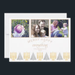 Cartes Pour Fêtes Annuelles Joyeux Happy Tan Simple 3 Photo Collage<br><div class="desc">Personnalisez ces 3 cartes de fin de année photo collage dans un design interconfessionnel simple bronzé et blanc Joyeux Happy Tout. Un mélange moderne de polices dans une couleur bronzée neutre ajoute de l'intérêt et la rangée de cinq Menorahs or et quatre arbres gris argent avec des pois fait de...</div>