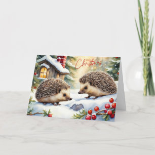 Cartes Pour Fêtes Annuelles Joyeux hérissons d'aquarelle de Noël en forêt