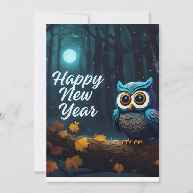 Cartes Pour Fêtes Annuelles Joyeux hibou du Nouvel An perché sur un dessin de  (Devant)