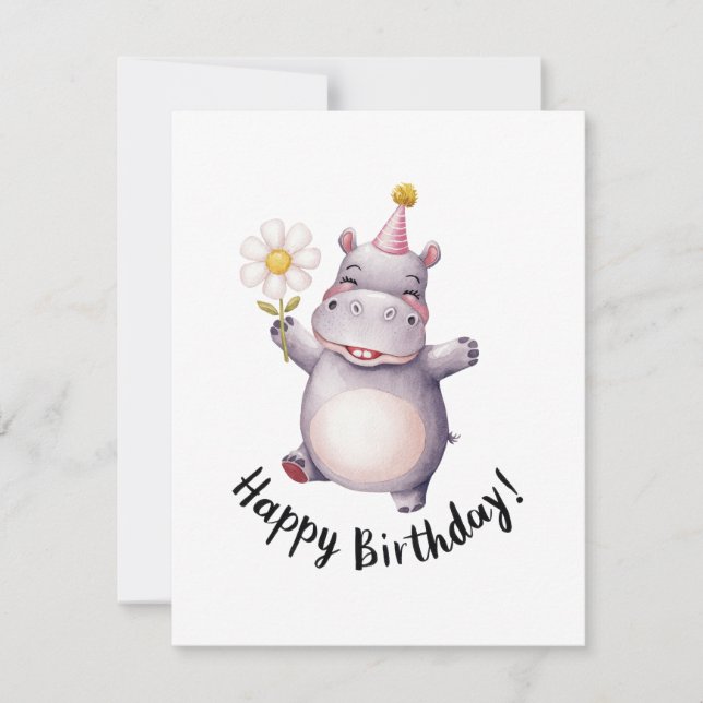 Cartes Pour Fêtes Annuelles Joyeux Hippo d'anniversaire avec Daisy et Casquett (Devant)