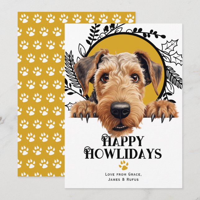 Cartes Pour Fêtes Annuelles Joyeux Howlidays Airedale Terrier Chien Noël (Devant / Derrière)