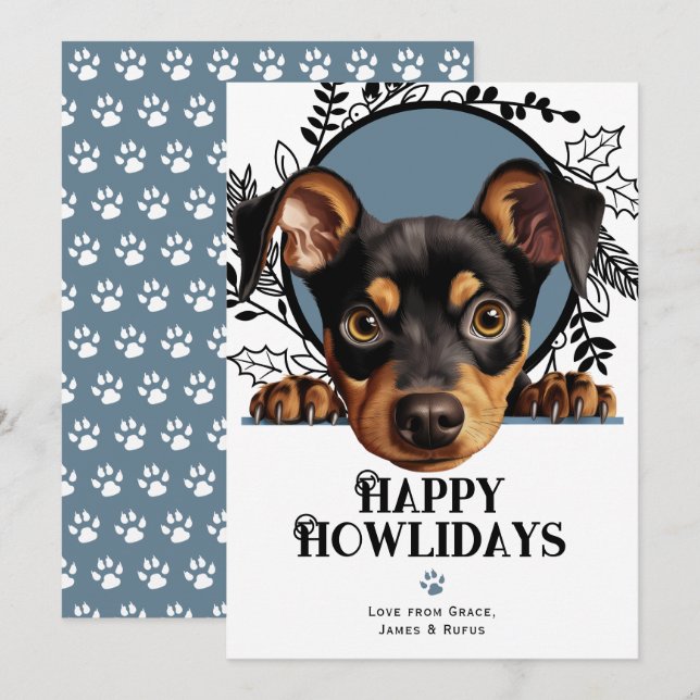 Cartes Pour Fêtes Annuelles Joyeux Howlidays Allemand Pinscher Chien Noël (Devant / Derrière)