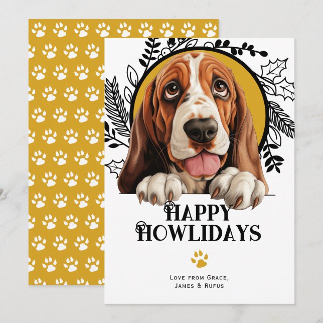 Cartes Pour Fêtes Annuelles Joyeux Howlidays Bassett Hound Dog Christmas (Devant / Derrière)