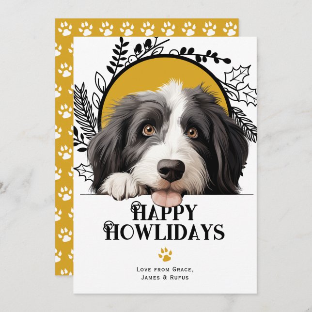Cartes Pour Fêtes Annuelles Joyeux Howlidays Beared Collie Chien Noël (Devant / Derrière)