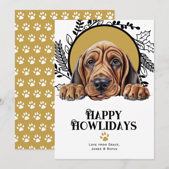Cartes Pour Fêtes Annuelles Joyeux Howlidays Bloodhound Dog Christmas (Devant / Derrière)