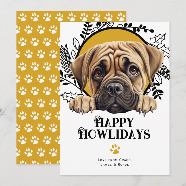 Cartes Pour Fêtes Annuelles Joyeux Howlidays Bullmastiff Chig Christmas (Devant / Derrière)