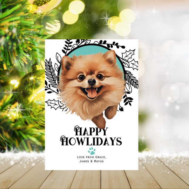 Cartes Pour Fêtes Annuelles Joyeux Howlidays Chien Poméranien Noël (Happy Howlidays Pomeranian Dog Christmas Holiday Card by Ricaso. Cute dog breed holiday cards)