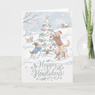 Cartes Pour Fêtes Annuelles Joyeux Howlidays Chiens Décorant l'Arbre
