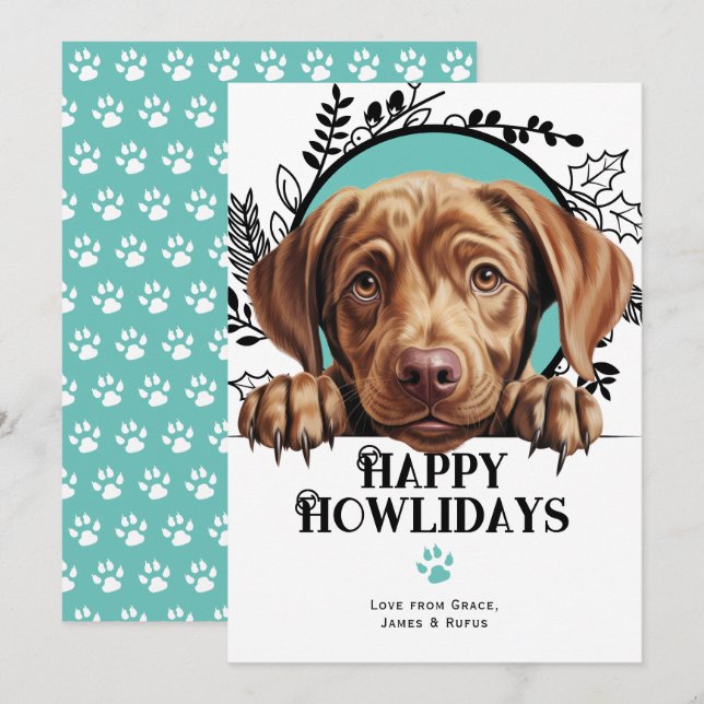 Cartes Pour Fêtes Annuelles Joyeux Howlidays Chocolate Labrador Chien Noël (Devant / Derrière)