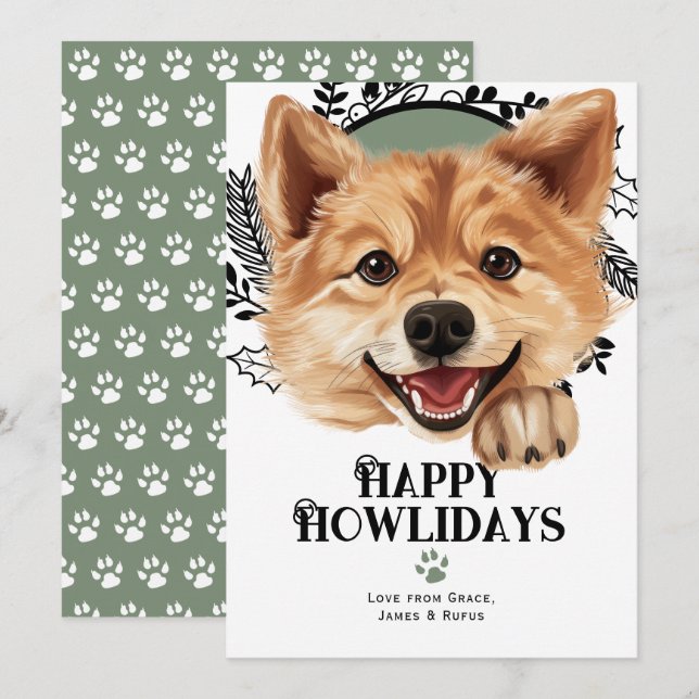 Cartes Pour Fêtes Annuelles Joyeux Howlidays Finlandais Spitz Dog Noël (Devant / Derrière)