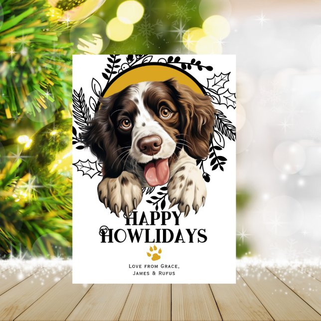 Cartes Pour Fêtes Annuelles Joyeux Howlidays Français Springer espagnol Noël (Happy Howlidays English Springer Spaniel Christmas Holiday Card by Ricaso. Printed or digital )