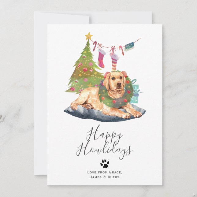 Cartes Pour Fêtes Annuelles Joyeux Howlidays Jaune Labrador Chien Noël (Devant)