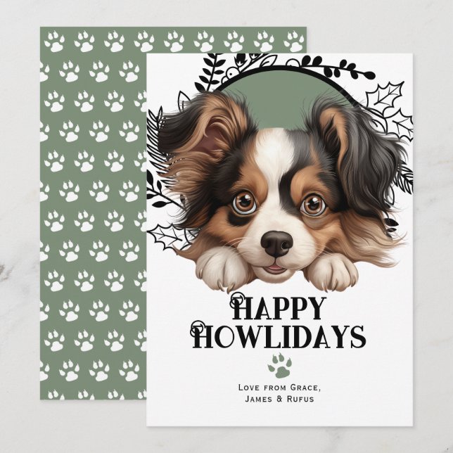 Cartes Pour Fêtes Annuelles Joyeux Howlidays Papillon Dog Christmas (Devant / Derrière)