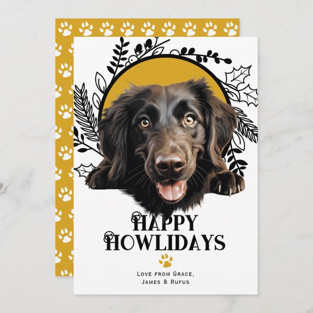 Cartes Pour Fêtes Annuelles Joyeux Howlidays Retriever à revêtement plat Noël (Devant / Derrière)