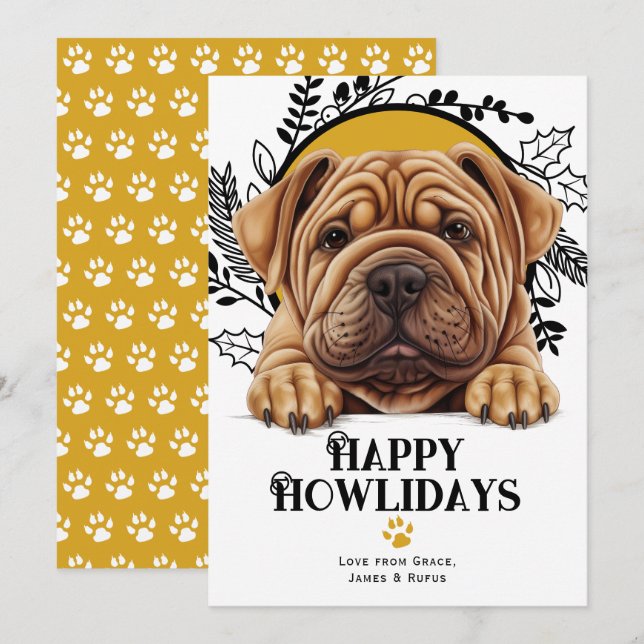 Cartes Pour Fêtes Annuelles Joyeux Howlidays Shar Pei Chien Noël (Devant / Derrière)