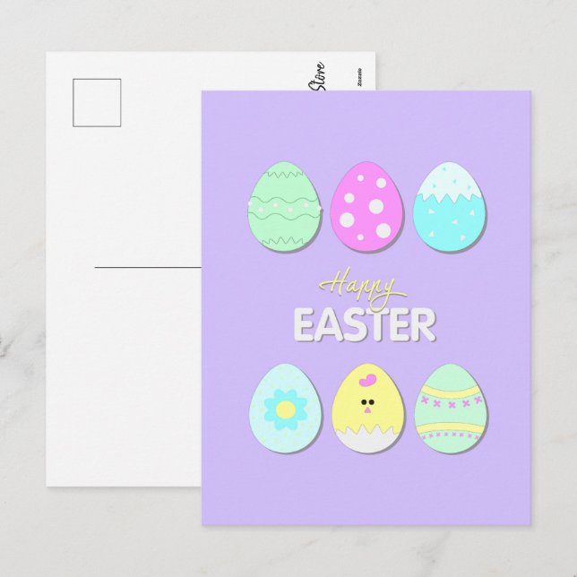 Cartes Pour Fêtes Annuelles Joyeux imprimé de Pâques avec de mignons oeufs de  (Devant / Derrière)