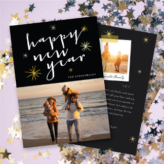 Cartes Pour Fêtes Annuelles Joyeux Jour de l'An Script Gold Starburst Photo Ho