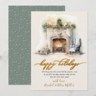 Cartes Pour Fêtes Annuelles Joyeux Jours d'or Script cheminée non photo