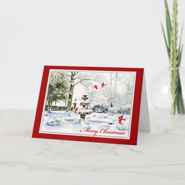 Cartes Pour Fêtes Annuelles Joyeux Joyeux Jardin d'hiver & Cardinaux (Devant)