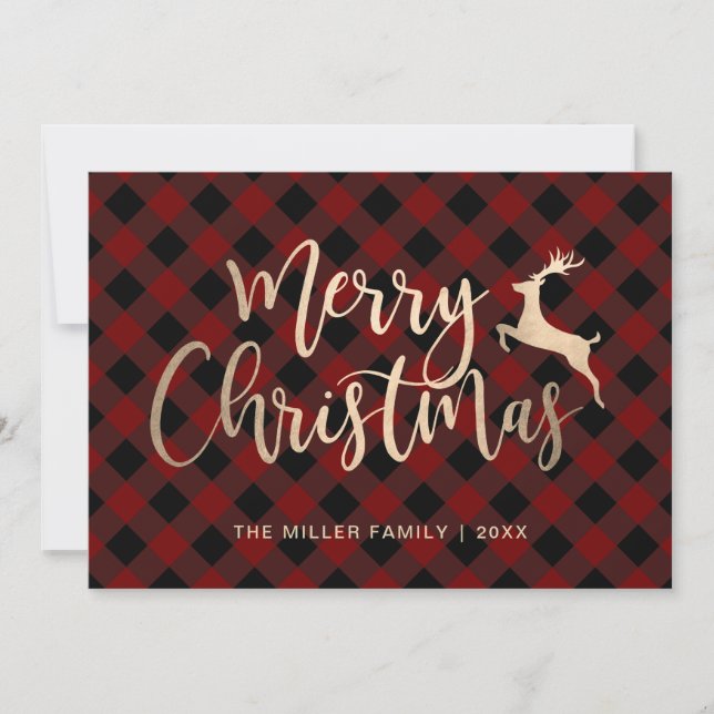 Cartes Pour Fêtes Annuelles Joyeux Joyeux Noël Or Noir & Rouge Plaid (Devant)