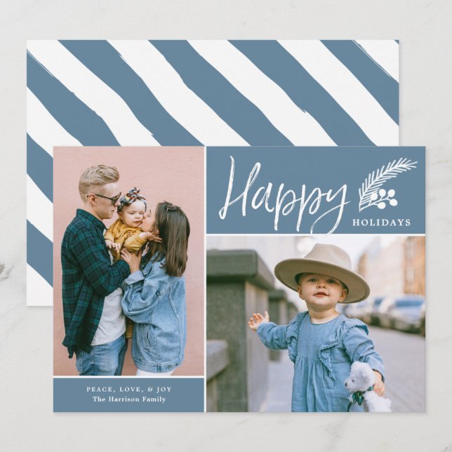 Cartes Pour Fêtes Annuelles Joyeux Joyeux Vacances Deux Photo Bleu (Devant / Derrière)