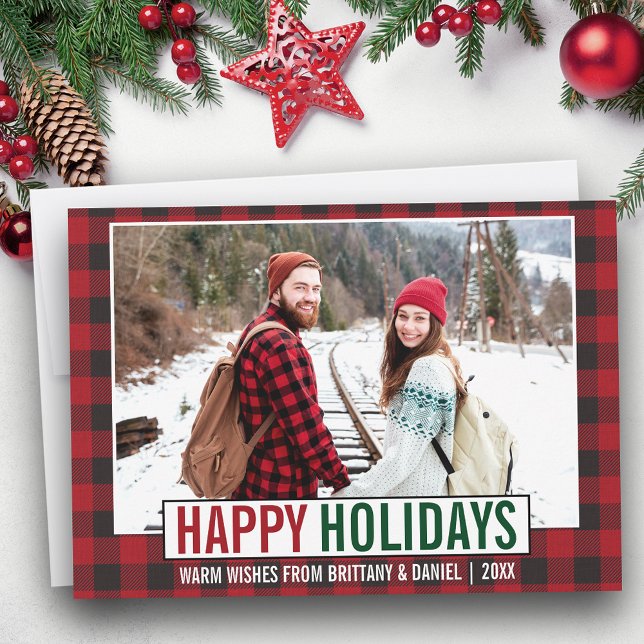 Cartes Pour Fêtes Annuelles Joyeux Joyeux Vacances Moderne Photo Rouge Plaid (Customize to add text to back of card.)