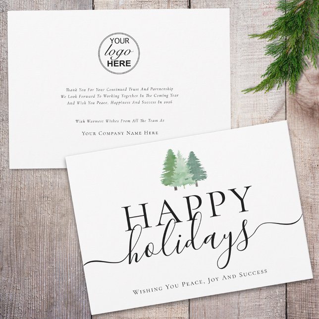 Cartes Pour Fêtes Annuelles Joyeux Joyeux Vacances Woodland Business Logo (Modern watercolor woodland happy holiday business logo christmas card Whimsical elegant script)