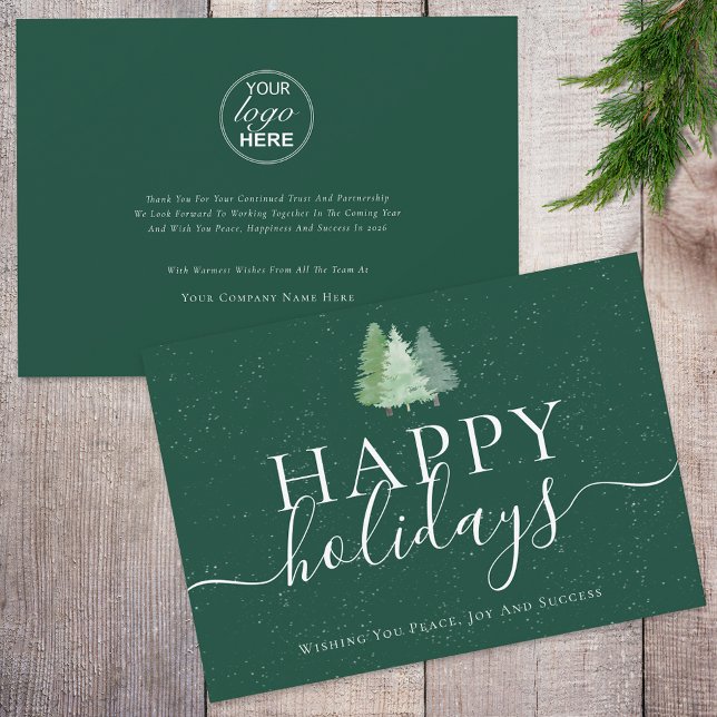 Cartes Pour Fêtes Annuelles Joyeux Joyeux Vacances Woodland Business Logo (Modern watercolor woodland snow happy holiday business logo christmas green and white card )