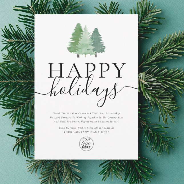 Cartes Pour Fêtes Annuelles Joyeux Joyeux Vacances Woodland Business Logo (Modern woodland watercolor happy holiday business logo christmas card Elegant script nature theme)