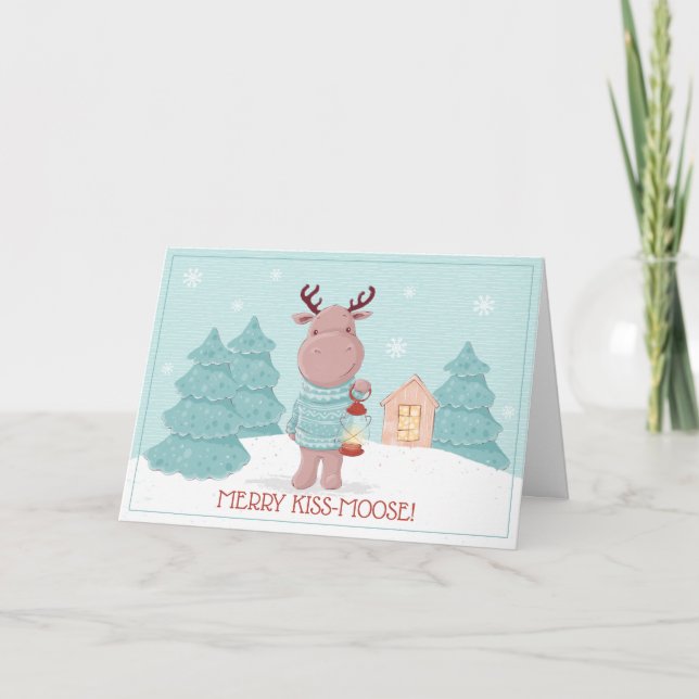 Cartes Pour Fêtes Annuelles Joyeux Kiss Moose Drôle Noël (Devant)
