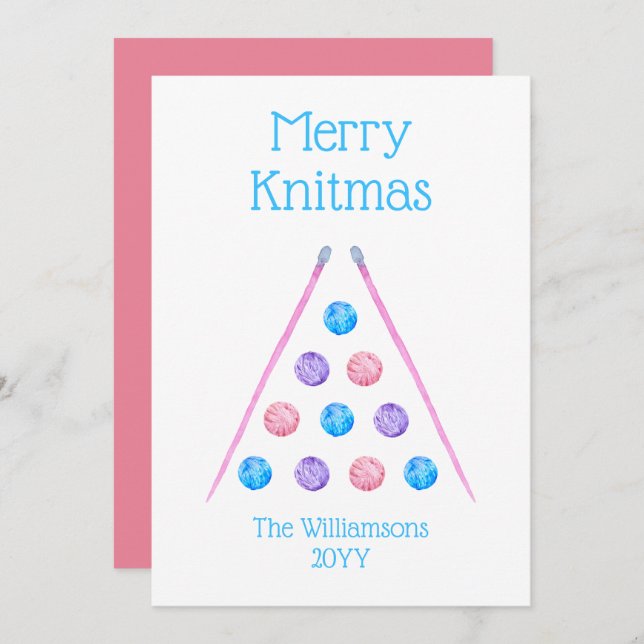 Cartes Pour Fêtes Annuelles Joyeux Knitmas rose Retro Aquarelle Fil (Devant / Derrière)