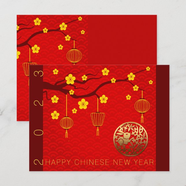 Cartes Pour Fêtes Annuelles Joyeux lapin chinois Nouvel An 2023 Blossoms HPost (Devant / Derrière)