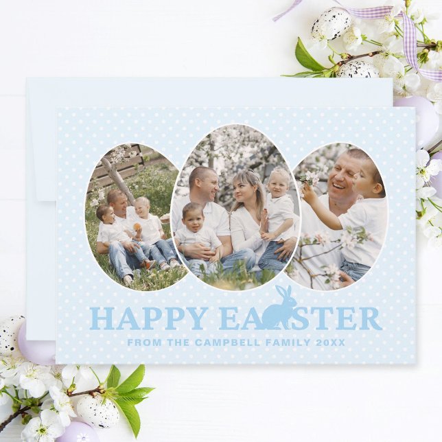 Cartes Pour Fêtes Annuelles Joyeux lapin de Pâques Bleu Photo Collage Oeufs (Easter family photo collage card with egg-shaped photo frames, baby blue text and rabbit.)