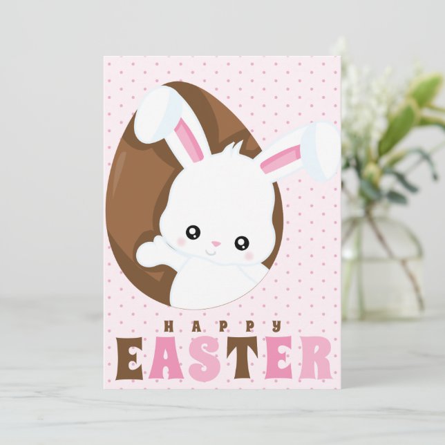 Cartes Pour Fêtes Annuelles Joyeux lapin de Pâques Brown Oeuf Polka Dot rose (Debout devant)