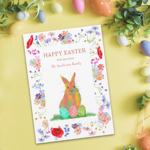 Cartes Pour Fêtes Annuelles Joyeux lapin de Pâques et fleurs d'oeufs