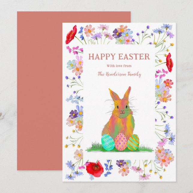 Cartes Pour Fêtes Annuelles Joyeux lapin de Pâques et fleurs d'oeufs (Devant / Derrière)