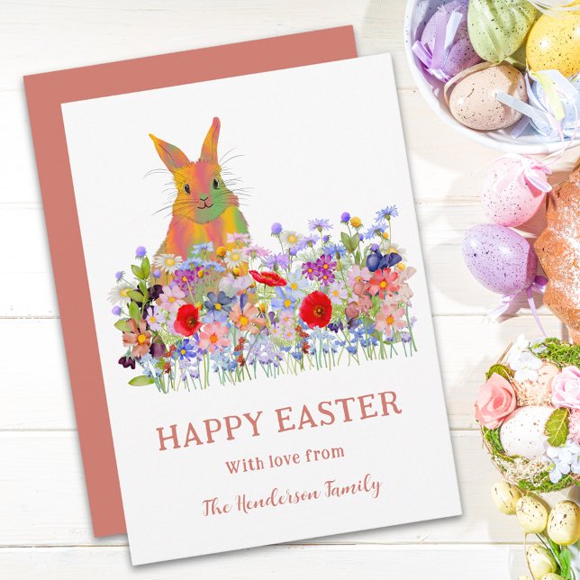 Cartes Pour Fêtes Annuelles Joyeux lapin de Pâques et Fleurs sauvages (Personalized Cute easter bunny spring floral holiday flat greetings card boho wildflower meadow )