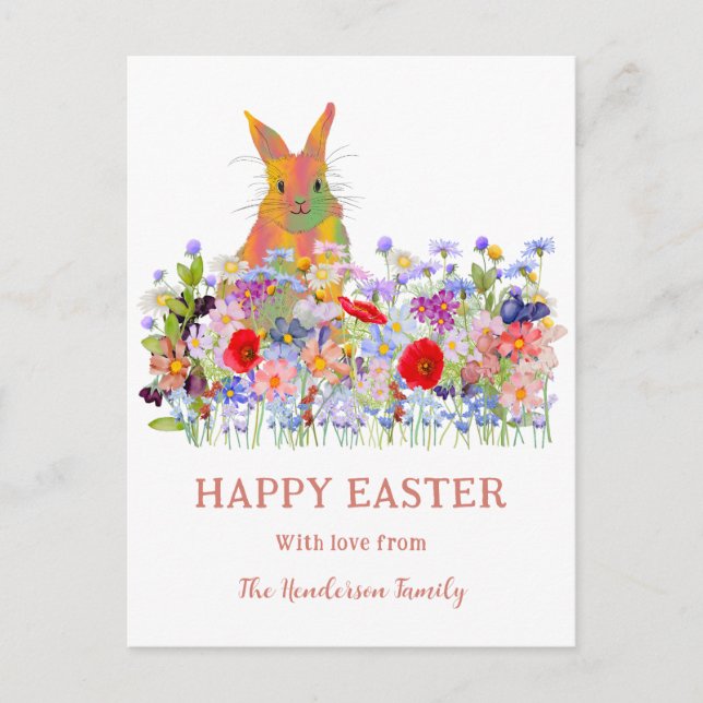 Cartes Pour Fêtes Annuelles Joyeux lapin de Pâques et Fleurs sauvages (Devant)