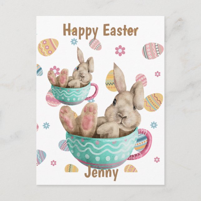 Cartes Pour Fêtes Annuelles Joyeux Lapin De Pâques Personalisé Assis Dans Des  (Devant)