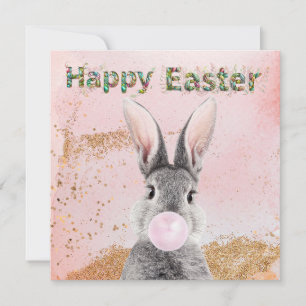 Cartes Pour Fêtes Annuelles Joyeux lapin de Pâques soufflant de la bulle rose 