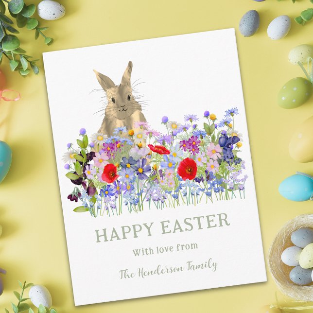 Cartes Pour Fêtes Annuelles Joyeux lapin mignon de Pâques et Fleur sauvage (Personalized Happy Easter cute bunny watercolor wildflower floral garden greeting postcard)