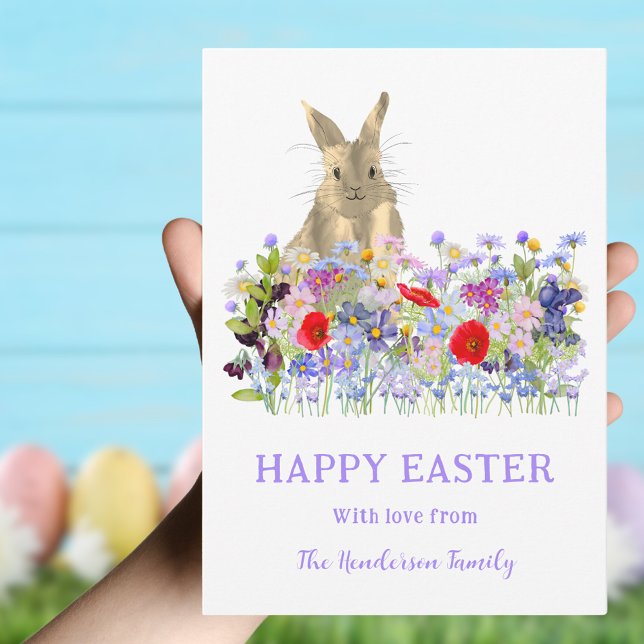 Cartes Pour Fêtes Annuelles Joyeux lapin mignon de Pâques et Fleur sauvage (Easter Bunny Floral personalized holiday greetings card)