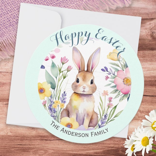 Cartes Pour Fêtes Annuelles Joyeux lapin mignon de Pâques et fleurs personnali (A cute, personalized Easter card, with watercolor-style rabbit and Spring flowers)
