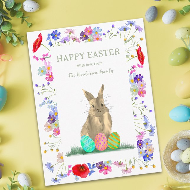 Cartes Pour Fêtes Annuelles Joyeux lapin mignon de Pâques et oeufs Floral (Personalized happy easter cute bunny watercolor wildflower meadow spring floral holiday greetings )