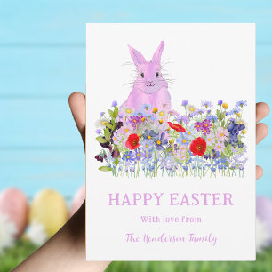 Cartes Pour Fêtes Annuelles Joyeux lapin rose de Pâques et fleurs de printemps