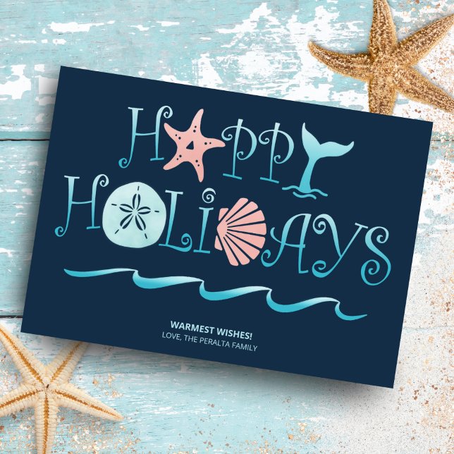 Cartes Pour Fêtes Annuelles Joyeux littoral | Beach Seashell Navy Noël (Créateur téléchargé)
